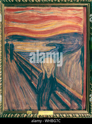 Der Schrei - Edvard Munch-Edvard Munch, 12 Dezember, 1863 - 23. Januar 1944) war ein Norwegischer symbolistische Maler, Grafiker und ein wichtiger Vorläufer der expressionistischen Kunst seiner bekanntesten Gemälde der Schrei (1893), ist eine der Stücke in einer Serie mit dem Titel Der Fries des Lebens, in dem Munch die Themen des Lebens, Liebe, Angst, Tod erforscht, und Melancholie. Wie in vielen seiner Werke, malte er mehrere Versionen davon.. Stockfoto