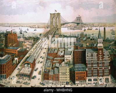 Brooklyn Bridge, New York, 1883: Von der Shugg Brüder eingraviert.. Museum der Stadt New York. Stockfoto