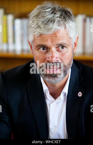 Laurent Wauquiez, Präsident der Auvergne Rhône-Alpen (AURA) Regionalrat, besucht Pressekonferenz, Lyon, Frankreich Stockfoto