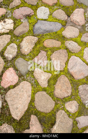 Ausführliche Hintergrundinformationen des Alten moosbewachsenen Stein Pflaster Stockfoto