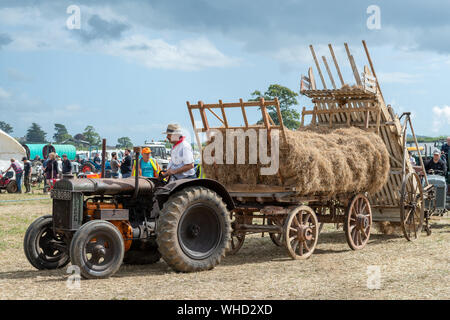 Haselbury Plucknet. Somerset. Vereinigtes Königreich. 18. August 2019. Ein vintage Fordson Major ist ein altmodischer Anhänger voller Heu Zug gestern f Stockfoto