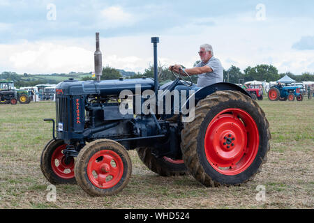 Haselbury Plucknet. Somerset. Vereinigtes Königreich. 18. August 2019. Ein restauriertes vintage Fordson Major an einem gestern Landwirtschaft Veranstaltung angetrieben wird Stockfoto