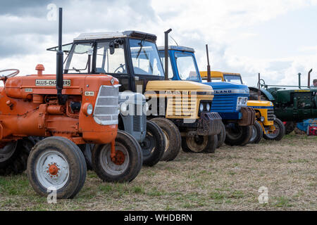 Haselbury Plucknet. Somerset. Vereinigtes Königreich. 18. August 2019. Eine Reihe von Oldtimer Traktoren sind auf Anzeige an einem gestern Landwirtschaft Veranstaltung Stockfoto