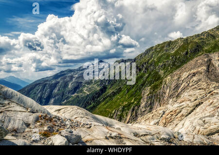 Panorama Aussicht vom Rhonegletscher, Furka und Grimsel Pass in der Nähe von gletsch, Schweiz Stockfoto