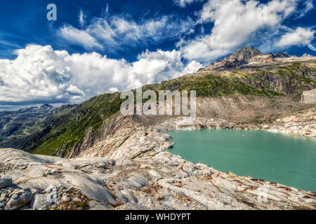 Panorama Aussicht vom Rhonegletscher, Furka und Grimsel Pass in der Nähe von gletsch, Schweiz Stockfoto