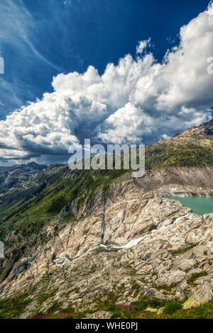 Panorama Aussicht vom Rhonegletscher, Furka und Grimsel Pass in der Nähe von gletsch, Schweiz Stockfoto