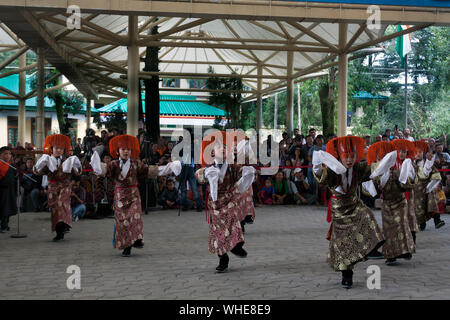 Dharamshala, Indien. 02 Sep, 2019. Tibetische Kinder gekleidet in traditionelle tibetische Kleid der tibetischen Tanz während der Feier des 59. Jahrestages des tibetischen Tag der Demokratie am Tsugla Khang Tempel, Mcleodganj, Dharamshala, Indien. (Foto von shailesh Bhatangar/Pacific Press) Quelle: Pacific Press Agency/Alamy leben Nachrichten Stockfoto