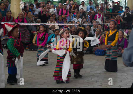 Dharamshala, Indien. 02 Sep, 2019. Tibetische Kinder gekleidet in traditionelle tibetische Kleid der tibetischen Tanz während der Feier des 59. Jahrestages des tibetischen Tag der Demokratie am Tsugla Khang Tempel, Mcleodganj, Dharamshala, Indien. (Foto von shailesh Bhatangar/Pacific Press) Quelle: Pacific Press Agency/Alamy leben Nachrichten Stockfoto