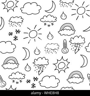 Doodle nahtlose Hintergrund Textur Illustration - wettersymbole Sammlung mit Sonnen, Wolken, Sturm und Schnee Stock Vektor