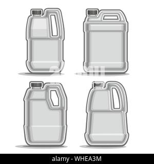 Vektor monochrome Kanister, 4 Kunststoff grau Maßbehältnis-Flaschen mit Griffen und schwarzen Kappen auf weißem Hintergrund. Stock Vektor