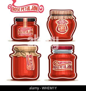 Vektor einrichten von Rosenblüte Marmelade in Gläser mit Deckel, weiß isoliert. Stock Vektor