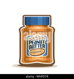 Vektor jar für Erdnussbutter mit Etikett-, Behälter mit braunen Erdnuss creme Snack mit blauer Kappe, Topf mit Butter Muttern Dessert mit Deckel für Kinder breakfa Stock Vektor