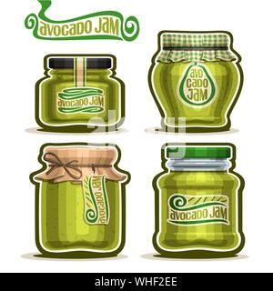 Vektor einrichten von Avocado Marmelade in Gläser mit Deckel, weiß isoliert. Stock Vektor
