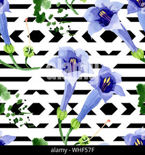 Blau Engelstrompeten floral botanischen Blumen. Aquarell Hintergrund Abbildung. Nahtlose Muster. Stockfoto