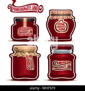 Vektor einrichten des Granatapfels Marmelade in Gläser mit Deckel, weiß isoliert. Stock Vektor