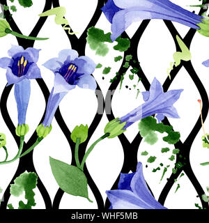 Blau Engelstrompeten floral botanischen Blumen. Aquarell Hintergrund Abbildung. Nahtlose Muster. Stockfoto