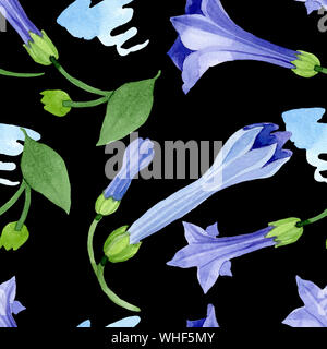 Blau Engelstrompeten floral botanischen Blumen. Aquarell Hintergrund Abbildung. Nahtlose Muster. Stockfoto