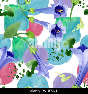 Blau Engelstrompeten floral botanischen Blumen. Aquarell Hintergrund Abbildung. Nahtlose Muster. Stockfoto