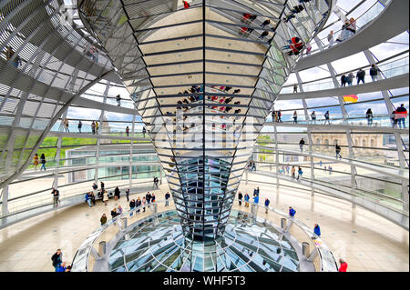 Berlin, Deutschland - 4. Mai 2019 - Das Innere der gläsernen Kuppel des umgebauten Reichstag in Berlin, Deutschland. Stockfoto