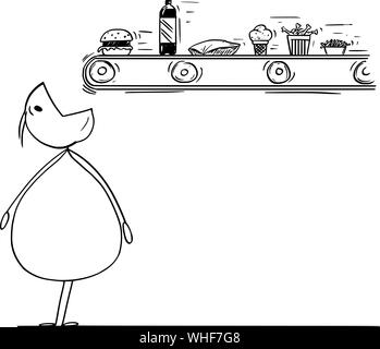 Vektor cartoon Strichmännchen Zeichnung konzeptuelle Darstellung von Übergewicht oder Fat Man wartet mit Mund offen für ungesunde oder Junk food Fallen von Förderband. Stock Vektor