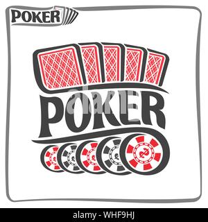 Vektor Plakat für Poker, bestehend aus fünf rote Karten Rückseiten für Spiel und 5 schwarzen Kunststoff token Chips mit Dollarzeichen für Casino auf w Stock Vektor