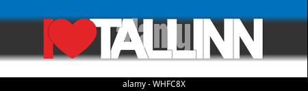 Ich liebe Tallinn. Banner mit dem Herz und den Namen der Hauptstadt von Estland auf dem Hintergrund der Farben der Nationalflagge Stock Vektor