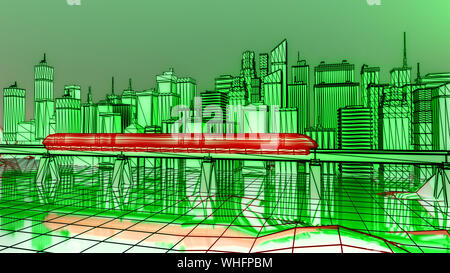 Die futuristische Nacht Stadt, der Zugverkehr auf der Eisenbahnbrücke. 3D-Darstellung. Stockfoto