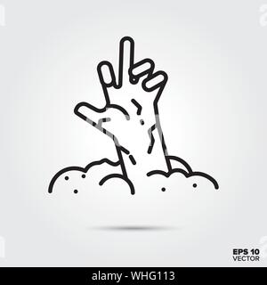 Zombie Hand ausstrecken von Grab Umrisse Symbol Stil. Halloween Feier Symbol. Spooky cartoon Vector Illustration. Stock Vektor
