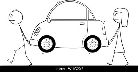 Vektor cartoon Strichmännchen Zeichnung konzeptuelle Darstellung von Mann und Frau, die kaputten Auto oder Auto aus Kraftstoff oder Strom. Stock Vektor