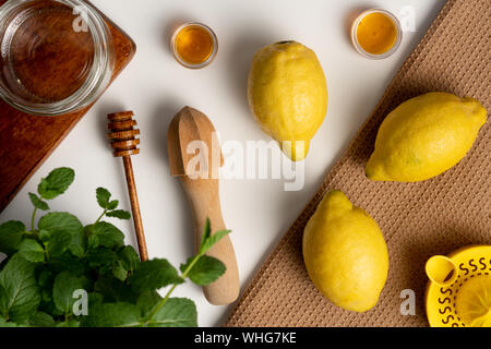 Frische Minze mit Zitronen, Entsafter und Honig Stockfoto