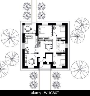 Architektur Grundriss eines Hauses. Die Zeichnung der Hütte. Auf weissem Hintergrund. Vector schwarz Abbildung: EPS 10. Stock Vektor