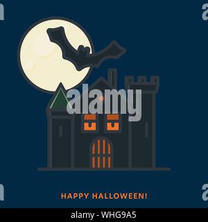 Halloween haunted House mit Mond und bat. Vector Illustration, gefüllt Umrisse Stil. Stock Vektor