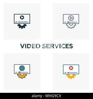 Video Services Icon Set. Vier Elemente in verschiedenen Stilrichtungen von Design der Benutzeroberfläche und der ux icons Collection. Creative Video Dienstleistungen Icons, Umriss Stock Vektor