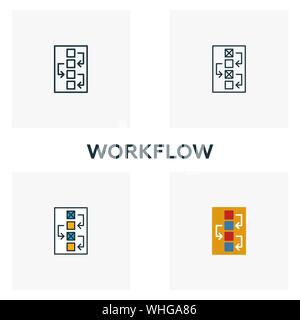 Workflow Icon Set. Vier Elemente in verschiedenen Stilrichtungen von Design der Benutzeroberfläche und der ux icons Collection. Kreativen workflow Icons, Outline, farbige und flach Stock Vektor