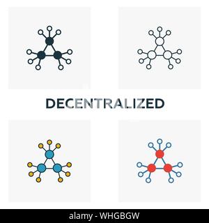 Dezentrale Icon Set. Vier Elemente in verschiedenen Stilrichtungen von crypto Währung icons Collection. Kreative dezentrale gefüllt Symbole, Outline, farbig Stock Vektor