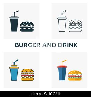 Burger und Getränke Icon Set. Vier Elemente in verschiedenen Stilrichtungen von Fastfood icons Collection. Kreative Burger und Getränke Icons, Outline, farbig Stock Vektor