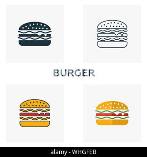 Burger Icon Set. Vier Elemente in verschiedenen Stilrichtungen von Fastfood icons Collection. Kreative burger Icons, Outline, Farben und Symbole Stock Vektor