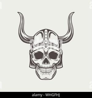 Schwarze und weiße Schädel In gehörnten Helm. Vector Illustration Stock Vektor