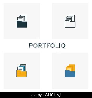 Portfolio Icon Set. Vier Elemente in verschiedenen Stilrichtungen von Design der Benutzeroberfläche und der ux icons Collection. Creative portfolio Icons, Outline, farbige und Stock Vektor
