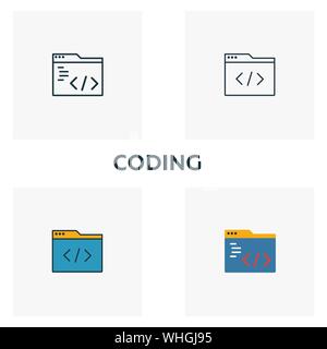 Codierung Icon Set. Vier Elemente in verschiedenen Stilrichtungen von Design der Benutzeroberfläche und der ux icons Collection. Creative Coding Icons, Outline, farbige und flach Stock Vektor