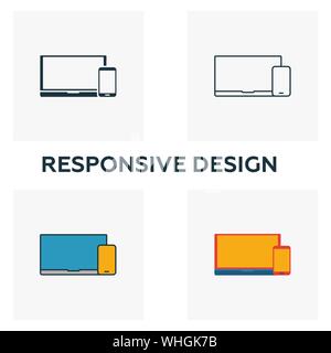 Responsive Design Icon Set. Vier Elemente in verschiedenen Stilrichtungen von Design der Benutzeroberfläche und der ux icons Collection. Kreative responsive Design Icons, Umriss Stock Vektor