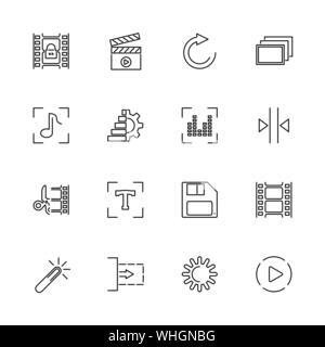 Video, Film bearbeiten, Film Umrisse Icons Set - schwarzes Symbol auf weißem Hintergrund. Video, Film bearbeiten einfache Illustration Symbol gesäumten Einfachheit Si Stock Vektor