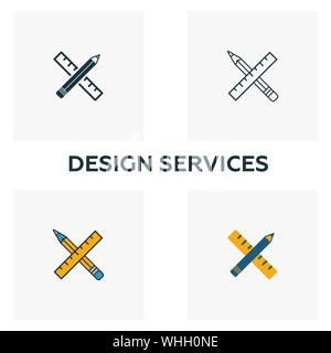 Design Services Icon Set. Vier Elemente in verschiedenen Stilrichtungen von Design der Benutzeroberfläche und der ux icons Collection. Creative Design Services Icons, Umriss Stock Vektor
