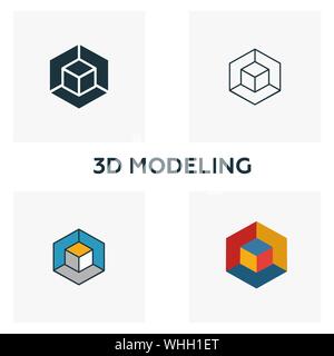 3D-Modellierung Icon Set. Vier Elemente in verschiedenen Stilrichtungen von Design der Benutzeroberfläche und der ux icons Collection. Kreative 3D-Modellierung Icons, Outline, farbige und Stock Vektor