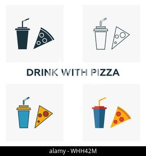 Getränk mit Pizza Icon Set. Vier Elemente in verschiedenen Stilrichtungen von Fastfood icons Collection. Kreative Drink mit pizza Icons, Outline, farbig Stock Vektor