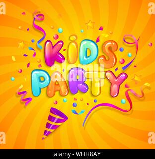 Kids Party Banner mit Party Cracker, Konfetti, Serpentine funkelt auf sunburst Hintergrund im Cartoon Stil. Für Spaß und Spiel statt. Poster für Kinder Stock Vektor
