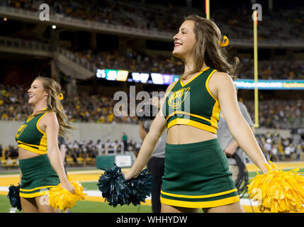 31. August 2019: Baylor Bears Cheerleader während der zweiten Hälfte der NCAA Football Spiel zwischen Stephen F. Austin Holzfäller und der Baylor Bären an McLane Stadion in Waco, Texas. Matthew Lynch/CSM Stockfoto