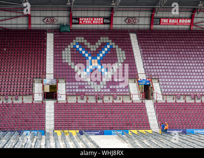 Herz von Midlothian Football Club Sitze mit Herzen logo, Tynecastle Stadium, Edinburgh, Schottland, Großbritannien Stockfoto