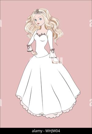 Die schöne Modische Mädchen Prinzessin Braut die Blondine in einem weißen Kleid Stock Vektor