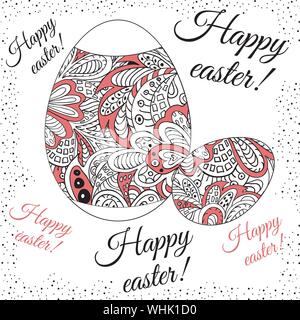 Doodle Zentangl Zeichnung. Urlaub Karte. Weiß, Rosa und Schwarz. Frohe Ostern Stock Vektor